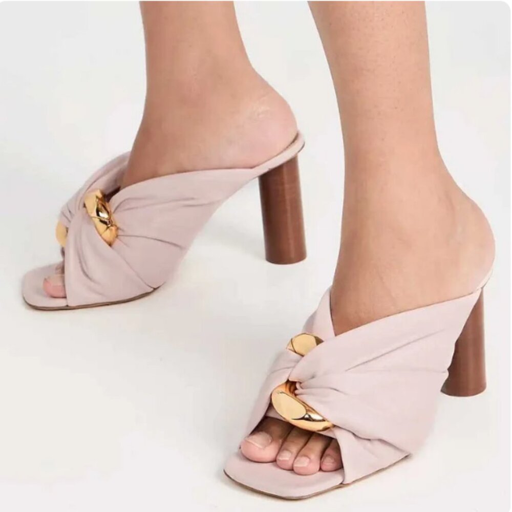 FSJ Pink Open Square Toe Gold Chain Twisted Strap Wood Heeled Mules
